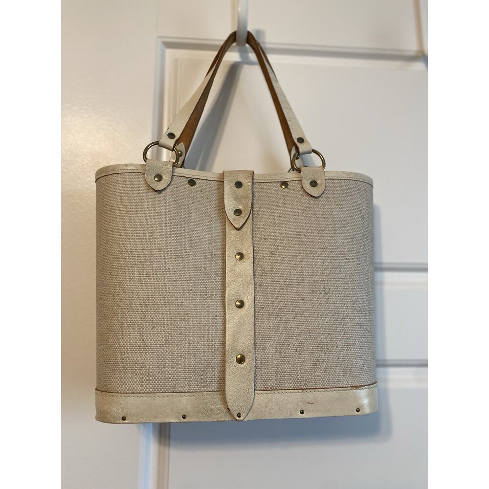 VTG Collin MCM Purse Handbag Flower Canvas Blossoms-Bright Wood Bottom READ - Picture 2 of 16